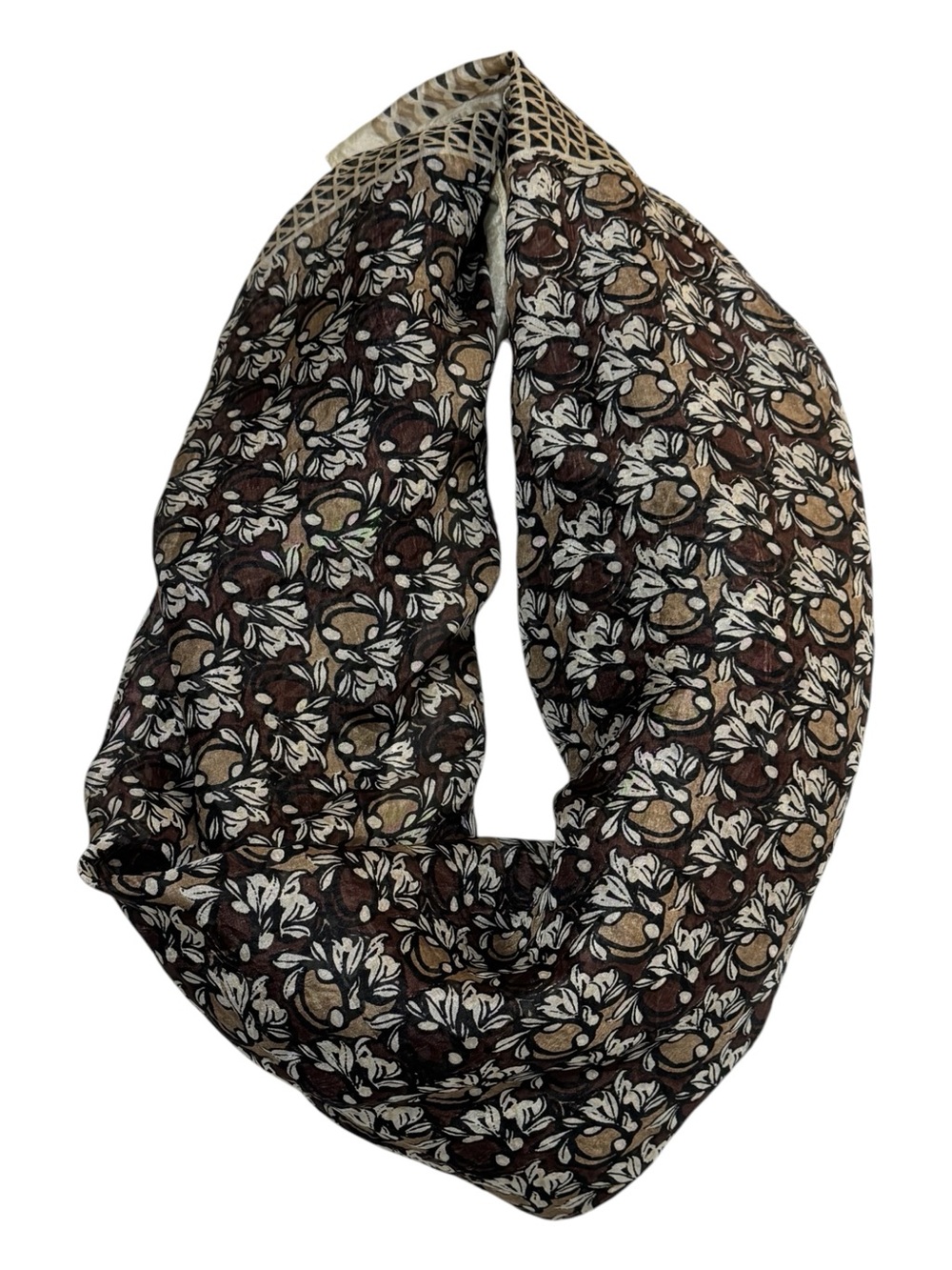 LOFT Ann Taylor 100% Silk Square Scarf Geometric Border Brown Cream 45"x45" - Picture 4 of 10